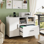 DEVAISE File Cabinet with Charging Station, 1-Drawer Lateral File Cabinets with Lock for Home Office, Wooden Rolling Printer Stand with Shelves, White