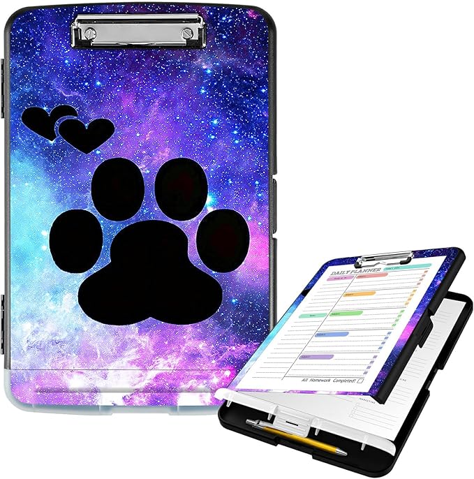 Clipboard with Storage High Capacity Plastic Nursing Clipboards with Pen Holder File Folder Storage Box Clipboard with Heavy Duty Clips for Teacher,Doctor,Offices-Animals Dog Paws Galaxy