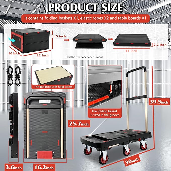 Collapsible Hand Truck w/Foldable Basket & Brake Wheel, Retractable Platform & Handle Heavy Duty 500lbs Capacity, Sponge Grip,Convertible Folding Dolly Cart for Luggage,Travel,Delivery & Storage