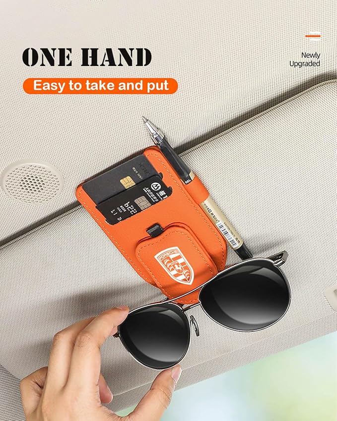 Sunglasses Holder for Car Visor, Magnetic Leather Glasses Eyeglass Clip, With Ticket and Pen Clip (Black)