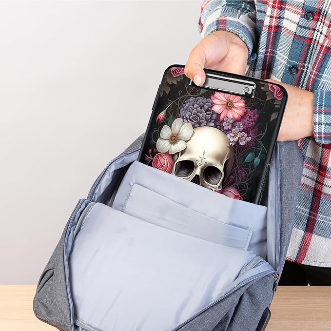 Clipboard with Storage,Heavy Duty Plastic Storage Clipboard with Low Profile Clip,Teacher Must Haves,Office Supplies,Rose Flower Skull