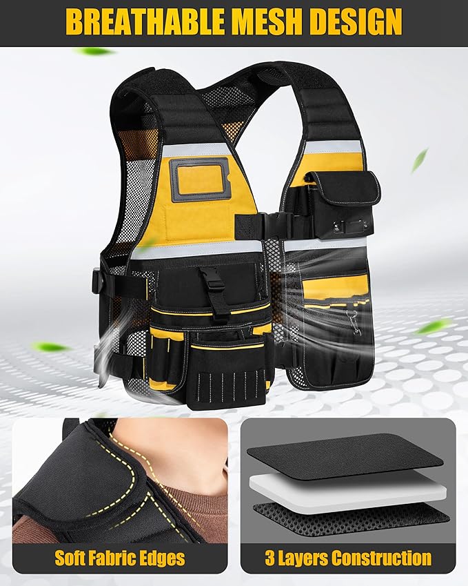 Tool Vest for Men with Adjustable Strap, Reflective Safety Work Vest for Electrician, Carpenter, Construction, Black and Yellow