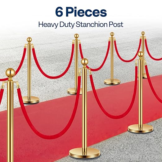 VIVOHOME Stainless Steel Stanchion Post Queue 6PCS Pole w/ 4 Red Velvet Ropes, Crowd Control Barriers w/Fillable Base for High-end Venues, Museums, Party Supplies (6 Pieces, Golden)