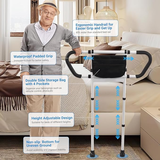 Klvied Bed Rails for Elderly Adults Safety, Bed Side Rails with Non-Slip Handles, Adjustable Bed Cane with Motion Light and Storage Bag, Fit King, Queen, Full, Twin