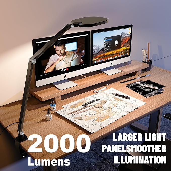 Desk Lamps for Home Office, Eye-Caring Led Desk Light with Clamp, Dimmable Zoom Lighting with 3 Colors & 10 Brightness, Computer Ring Lights for Video Calls,Conference Meeting, Reading, CRI>95