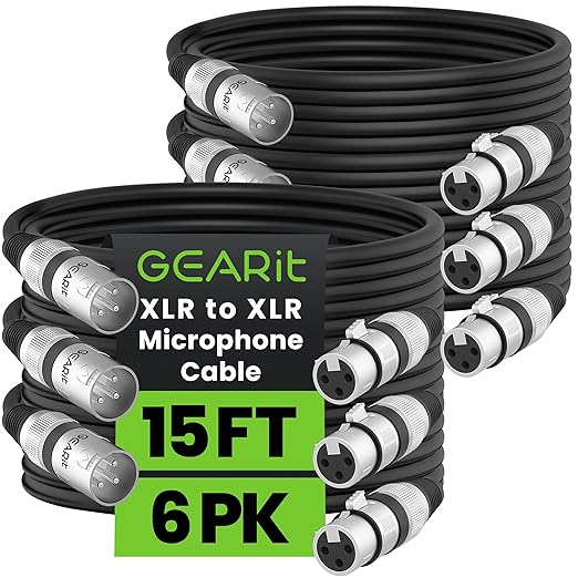 GEARit XLR Male to Female Microphone Cable (15 Feet, 6-Pack) 3-Pin Balanced Shielded Mixer, Recording Studio, Podcast - Black