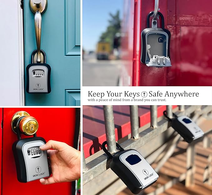 Iron Lock® Key Lock Box Portable with U-Shackle & Wall Mount – Medium Waterproof Heavy-Duty Metal Safe with 4-Digit Combination for Spare Keys Outside on Door Knob, Fence or Gate (Grey, Medium)