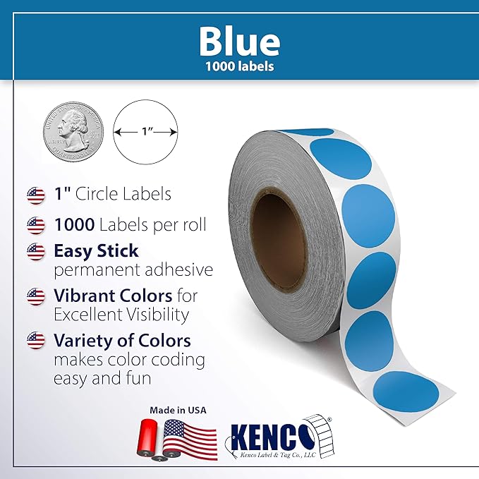Kenco Color Coding Circle Dot Sticker Labels on a roll (Blue, 1 INCH 1000 Stickers)