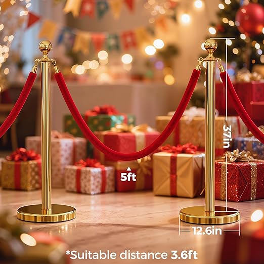 6pcs Sturdy Gold Stanchion Posts and 6pcs High Quality Red Carpet Velvet Ropes, Water/Sand/Concrete Fillable Leakproof Base, Crowd Control Barriers for Birthday, Prom, Business, Wedding