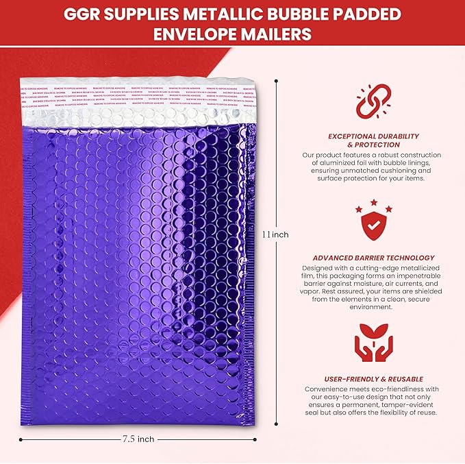 GGR Supplies Metallic Bubble Padded Envelope Mailers, 7.5 X 11 Inches, Waterproof Ultra Resistant Ideal For Packing, Shipping, and Storing. Pack of 25 (Blue)