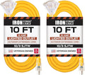 Iron Forge Cable 10 Gauge 10ft Lighted Outdoor Heavy Duty Extension Cord with 3 Outlets - 15 Amp 10/3 SJTW Yellow Extension Cord with Multiple Outlets - 2 Pack