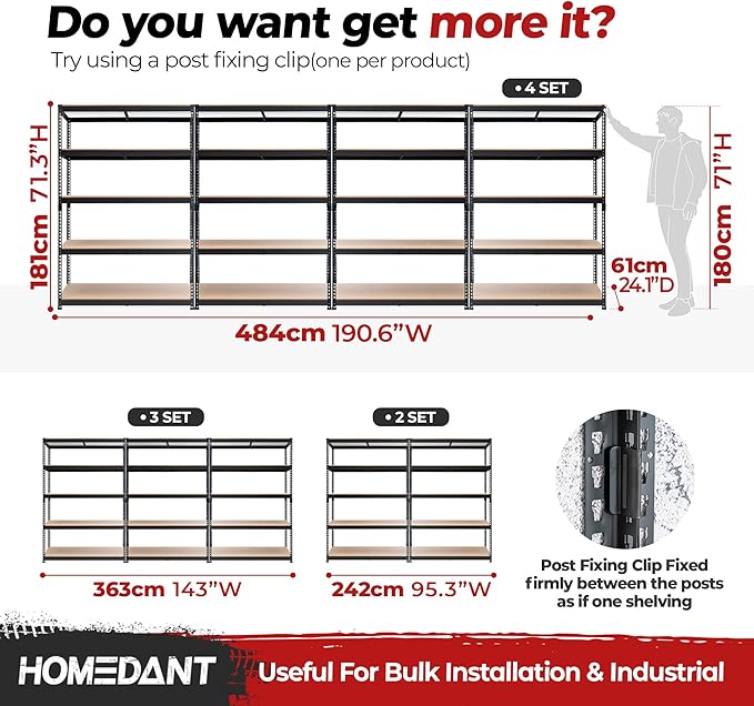 HOMEDANT 5 Tier Storage Shelves Adjustable Laminated Boltless Garage Metal Shelving Unit Heavy Duty Utility Rack Shelf Warehouse Pantry Closet Kitchen (3, (XL Deep) 48.1" W, Black)