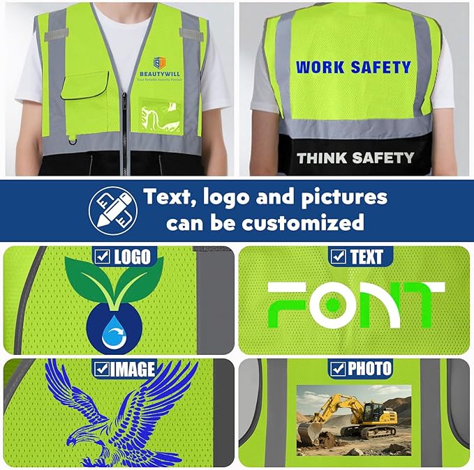 BeautyWill 10/20 Pack Custom Logo Safety Vest,Bulk High Visibility Class 2 Reflective Work Vests