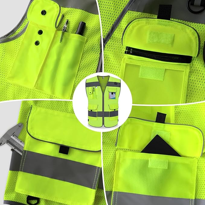 TCCFCCT Mesh Reflective Safety Vest 9 Pockets High Visibility Vest for Men Women, Hi Vis Reflective Work Vest for Safety, Meets ANSI/ISEA Standards, (Yellow, XX-Large)