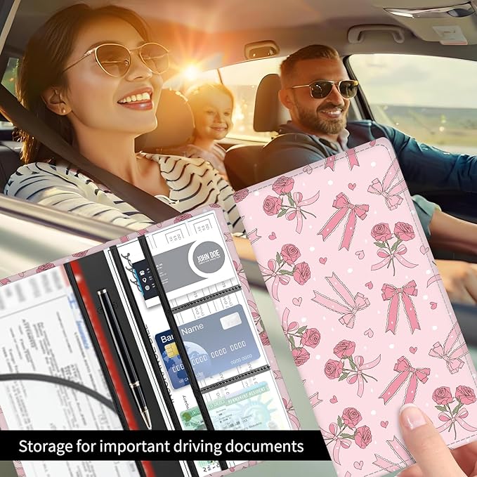 Premium Car Registration and Insurance Card Holder, Cute PU Leather Car Document Holder, Vehicle Glove Box Car Organizer with Magnetic Closure for Driver License, Cards Pink Rose Ribbon Bows