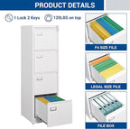 File Cabinets - 4 Drawers Vertical 17.8" Deep Lockable Filing Cabinet - White Metal Storage Cabinets for Home Office to Hanging Files Letter/Legal/F4/A4 Size