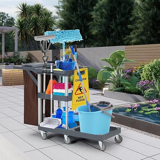 Commercial Traditional Janitorial 3-Shelf Cleaning Cart, Janitorial Carts on Wheels with Cover and Vinyl Bag, Custodial Cart, Housekeeping Carts for Hotels, Stores, Schools, and Business