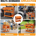 3 Tier Tool Cart on Wheels with Drawers - Three Tier Rolling Cart with Lockable Storage - Mechanic Tool Chest - Tool Chest with Wheels Used in Garage, Indoors, Workshop (Orange)