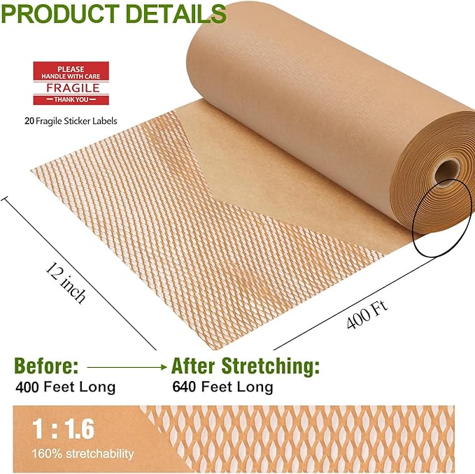 Honeycomb Packing Paper, 12" x 400' Honeycomb Cushioning Wrap Roll for Moving Shipping Packaging Gifts, Recyclable Honeycomb Paper Bubble Paper Wrapping with 20 Fragile Sticker Labels