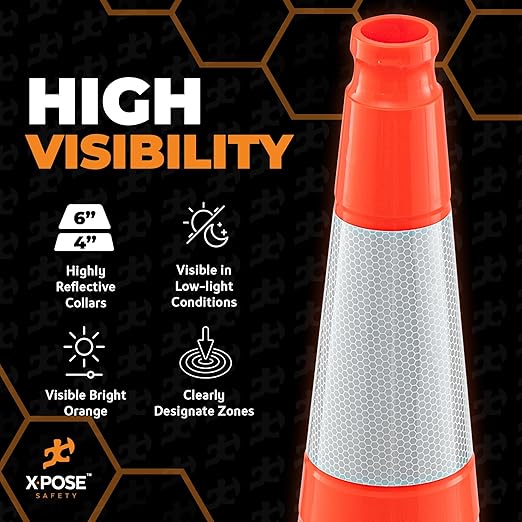 Xpose Safety 36 Inch Orange Slim Line Traffic Cones Heavy Duty 12lb with 6" & 4" Collars, 8 Pack Multipurpose PVC Plastic Safety Cone for Parking, Soccer, Caution, Kids & Construction - DOT Approved