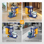 TUFFIOM Commercial Traditional Cleaning 3-Shelf Janitorial Cart, 500 Lbs Capacity Housekeeping Cart, Wheeled with Yellow VinylBag and Cover w Lid, Blue,