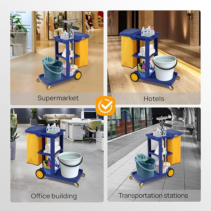 TUFFIOM Commercial Traditional Cleaning 3-Shelf Janitorial Cart, 500 Lbs Capacity Housekeeping Cart, Wheeled with Yellow VinylBag and Cover w Lid, Blue,