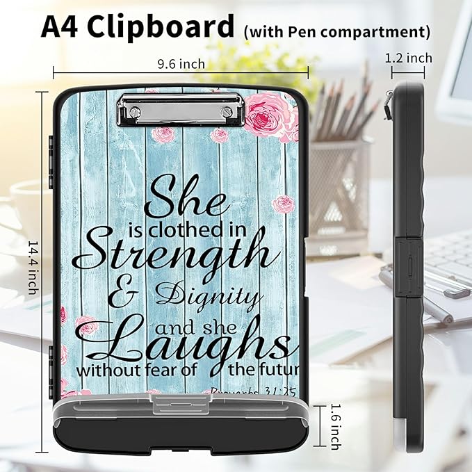 Clipboard with Storage High Capacity Plastic Nursing Clipboards with Pen Holder File Folder Storage Box Clipboard with Heavy Duty Clips for Teacher,Doctor,Offices-Bible Quote Proverbs 31-25