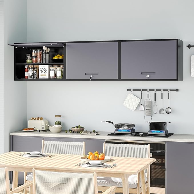 Metal Wall Cabinet with Locking Door and Shelf, Hanging Garage Cabinets with Up-Flip Doors for Garage, Warehouse, Home, Office, Assembly Required (Black Grey, One Cabinet)