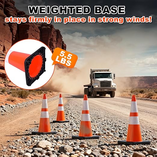28" Orange PVC Construction Cones - 8 Pack with Reflective Collars & Black Base, for Roadwork, Parking, and Crowd Control Safety
