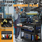 3 Tier Tool Cart on Wheels with Drawers - Three Tier Rolling Cart with Lockable Storage - Mechanic Tool Chest - Tool Chest with Wheels Used in Garage, Indoors, Workshop (Black)