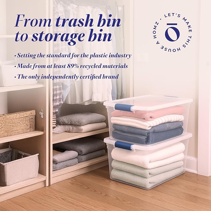 HOMZ 8-Pack Secure Latch, Clear Plastic Storage Organizer Bins, 31 Quart, Blue Latches - Stackable Container Boxes for Bedroom, Bathroom, Garage, and Office Organization