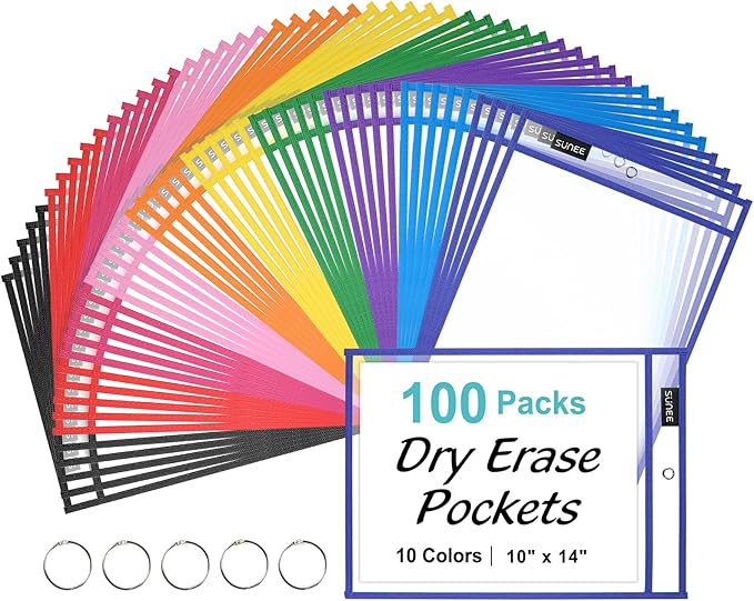 SUNEE 100 Packs Oversized Reusable Dry Erase Pocket Sleeves with 5 Rings, 10 Assorted Colors 10x14 Ticket Holders, Clear Plastic Sheet Protectors, Teacher School Classroom Supplies