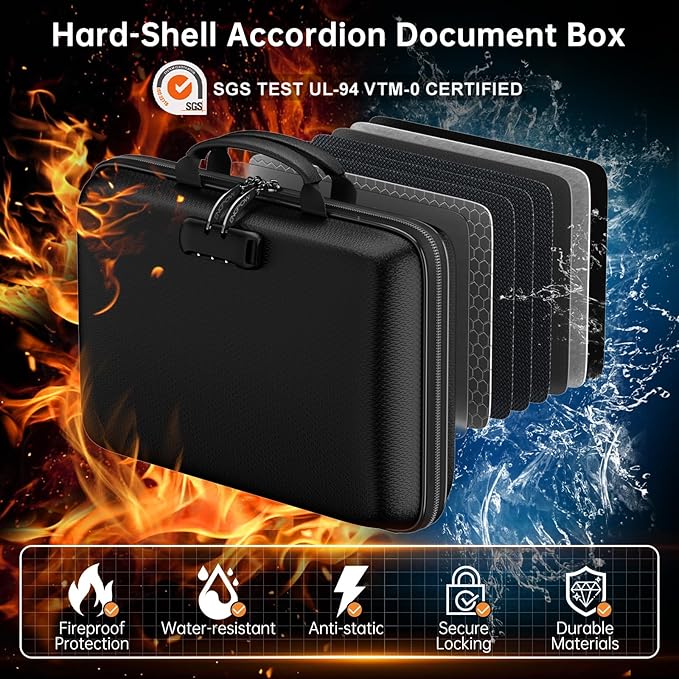 ENGPOW Fireproof Document Box with Lock, Hard Case Fire & Water Resistant File Organizer with 25-Pocket Accordion File Folder, Portable Home Office Safe Storage for Important Documents Laptop Black