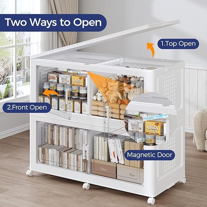480 QT Extra Large Stackable Storage Bins with Lid, 120 Gal Collapsible Storage Box with Wheels, Folding Closet Organizers and Storage Cabinet with Doors for Home, Kitchen, Office, 3Pack White