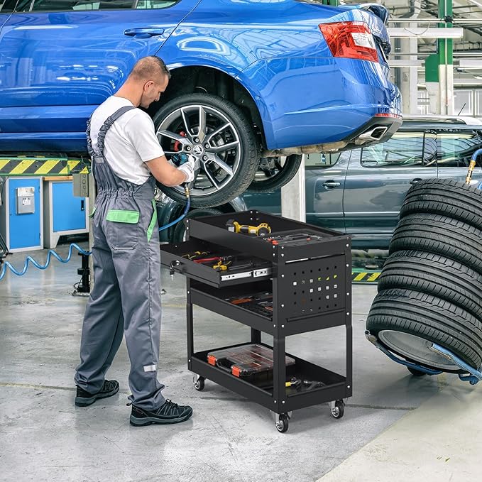 3 Tier Rolling Tool Cart on Wheels, 550 LBS Tool Cart with Drawers，Heavy Duty Utility Cart with Pegboard and Hooks，Mechanic Tool Storage Cart for Garage, Warehouse (Black)