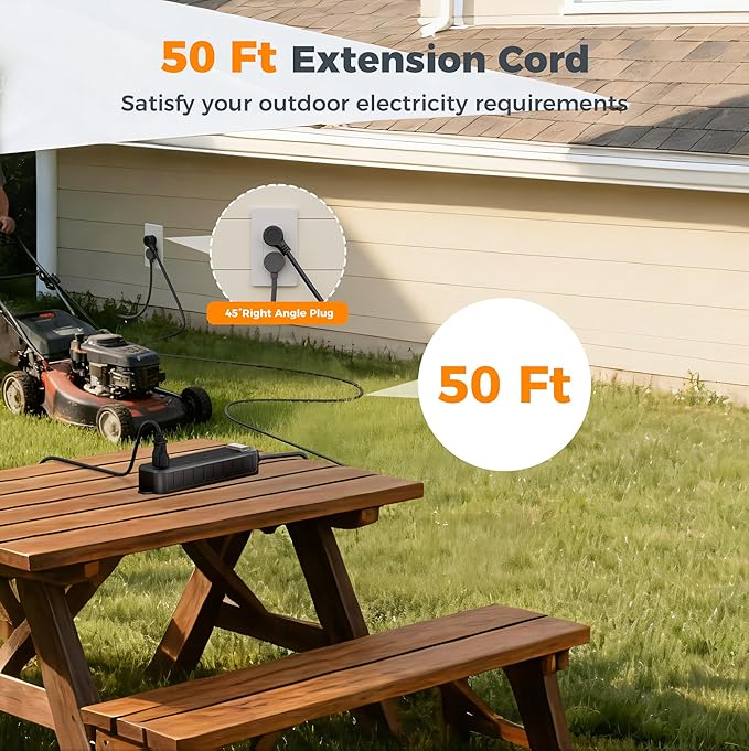 Outdoor Power Strip Weatherproof, TESSAN 50FT Long Extension Cord Waterproof with 4 Outlets 1 Switch (1250W), Surge Protector 1700J, Wall Mountable for Home Office and Patio Christmas Lights, Black