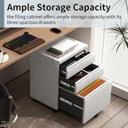 Mobile File Cabinet for Home Office, Lockable 3 Drawer Filing Cabinet with Wheels for A4-Size/Letter-Size/Legal-Size, Fully Assembled Except Casters, White