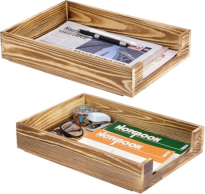 BTSKY 2PCS Vintage Wood Letter Tray with Anti-Slip Bars, Stackable A4 Paper Document File Organizer, Solid Wood Desktop Office Desk Storage Holder for Office and Home
