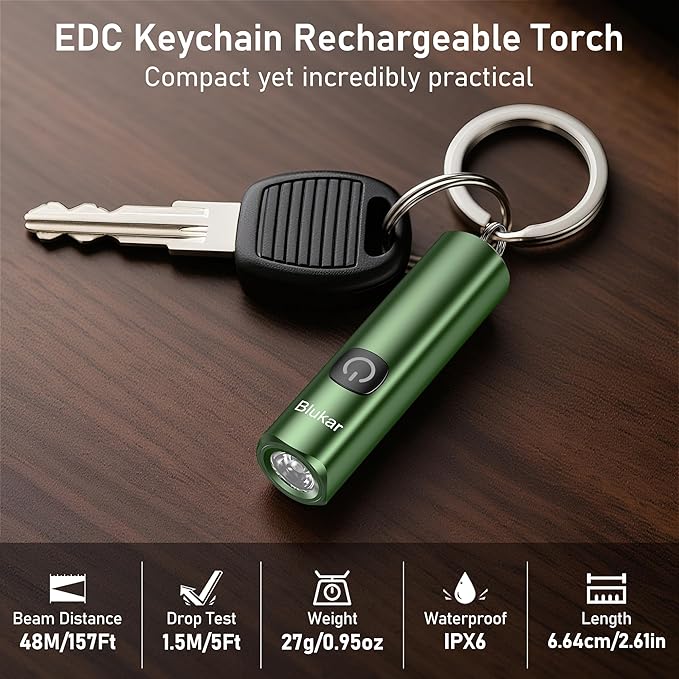 Blukar Rechargeable EDC Flashlight, Mini Keychain Flash Light with 3 Lighting Modes, Memory Function, Waterproof, Compact and Portable Pocket Light for Everyday Carry, Emergency,Camping-Dark Green