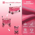 48" L Collapsible Wagon Cart Foldable, 560lbs Weight Capacity 300L Heavy Duty Folding Beach Wagons with Big All-Terrain Wheels, Utility Carts for Groceries, Shopping, Camping, Sports - Pink