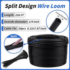 250FT Split Wire Loom Tubing, 1/4 Inch Wire Protector Tubing, Automotive Wire Flexible Conduit Cord Covers with 20 Cable Ties for Automotive Marine RV Agriculture Electrical Cable Protection