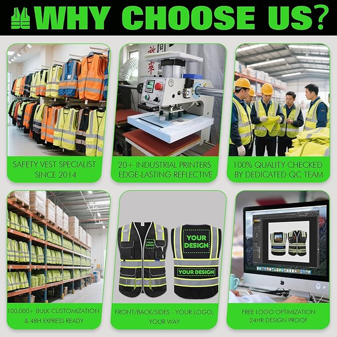 BeautyWill ANSI Certified Custom Logo Safety Vest 8-Pockets Class2 High Visibility Reflective Vest for Men - Personalized Logo Heavy-Duty Work Vest（Black，5Pack，L）