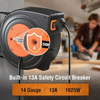 SURAIELEC 50FT Retractable Extension Cord Reel, 14AWG/3C SJTOW Heavy Duty Power Cord with Lighted Triple Tap, 13A Circuit Breaker, Ceiling/Wall Mount for Garage, Shop, Workshop, ETL Listed, Orange