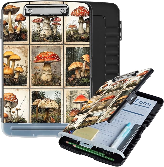 Clipboard with Storage Box & Pen Holder,Heavy Duty Clip Boards 8.5x11 for Nursing,High Capacity,School & Office Supplies,Mushroom Forest