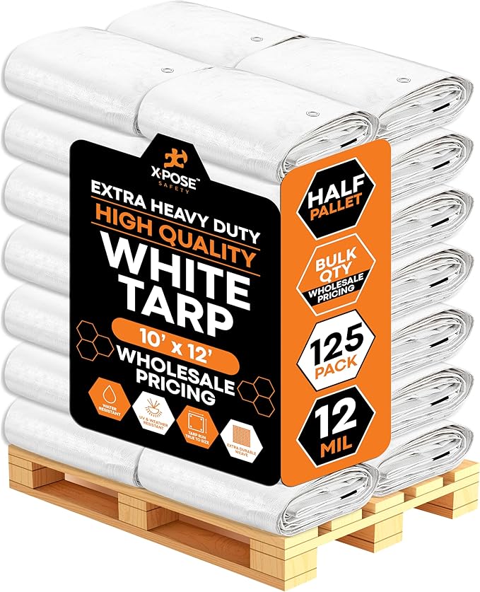 Heavy Duty White Poly Tarp 10' X 12' - Bulk Half Pallet (125 Pack) - Multipurpose Protective Cover - Durable, Weather Proof & Tear Resistant - 12 Mil Thick Polyethylene - by Xpose Safety