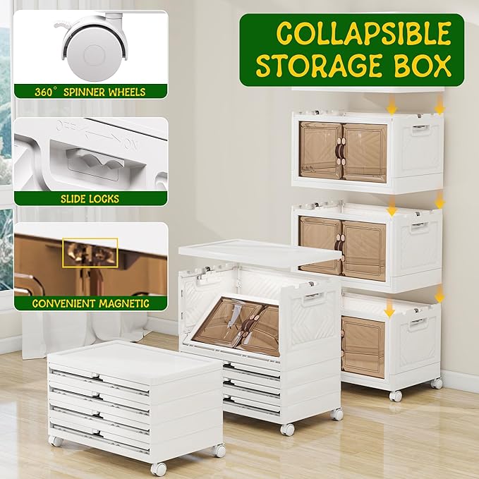 Storage Bins with 2 Lids and Wheels, 597QT-99.5QT*6Tier Collapsible Bathroom Storage Cabinet with Clear Doors, Plastic Stackable Closet Organizers and Containers White