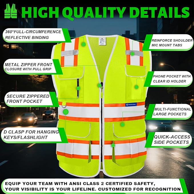 BeautyWill Custom Logo 10 Pockets Safety Vest Class2 ANSI Certified High Visibility Reflective Vest