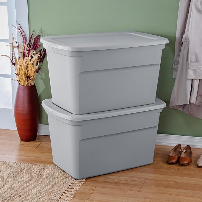Sterilite 30 Gal Storage Tote, Stackable Bin with Lid, Plastic Container to Organize Clothes, Blankets in Closet, Basement, Gray Base and Lid, 6-Pack