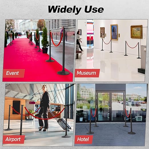 BATTIFE Plastic Stanchion Posts with Three Red Velvet Ropes and Weighted Rubber-Plastic Base, Crowd Control and Queue Management Barrier Poles for Party, Event, Red Carpet (4 Pack)