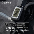 Dretec Portable Digital Thermometer Hygrometer Splash Proof IPX4 Clock Function Backlight for Backpacking, Skiing, Outdoor Thermometer Activity Black